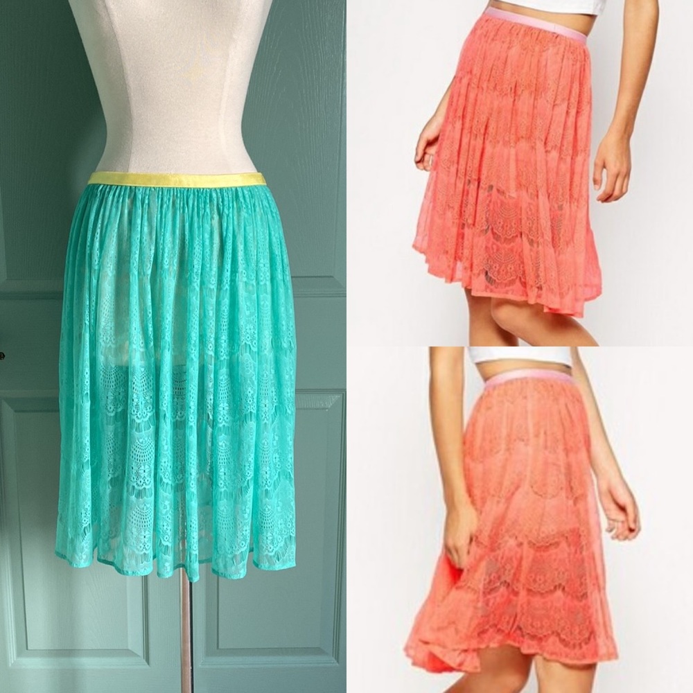 RARE AMERICAN APPAREL LACE spring green midi skirt w/ light yellow elastic